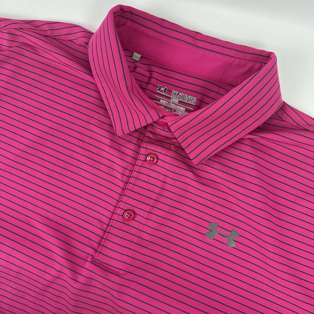 Under Armour XXL MAROON STRIPED The Playoff Polo Short Sleeve Loose Fit - Picture 1 of 6